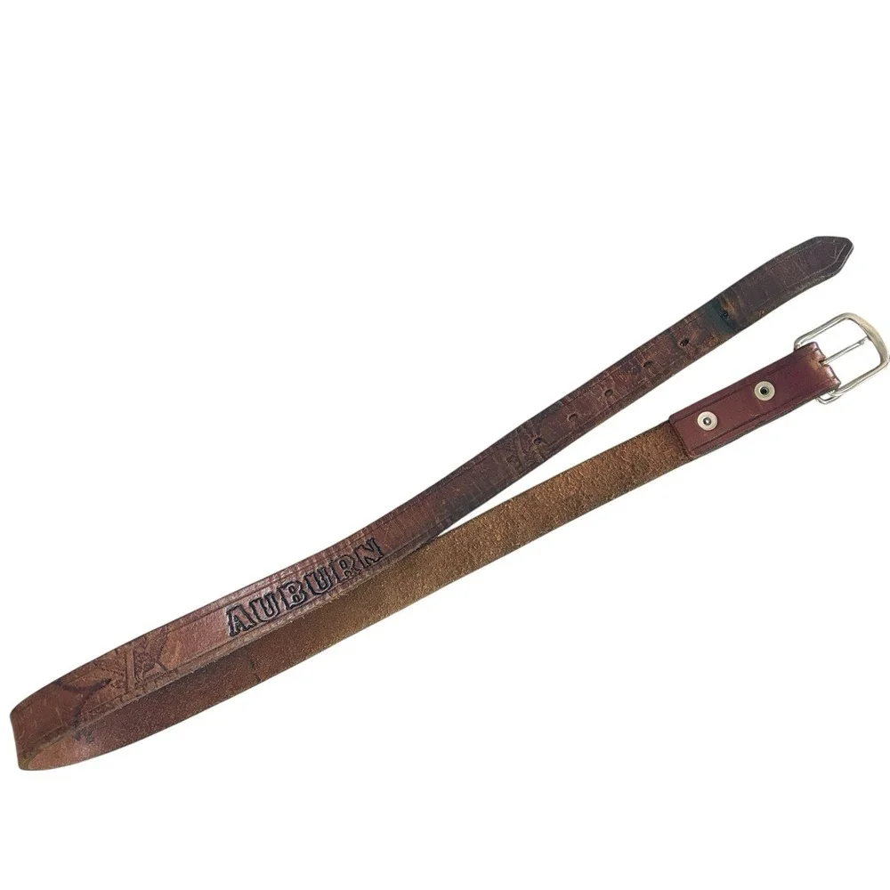 Vintage Auburn Tigers Leather Belt Brown Embossed Eagle‎ Logo Mens Size 32 34